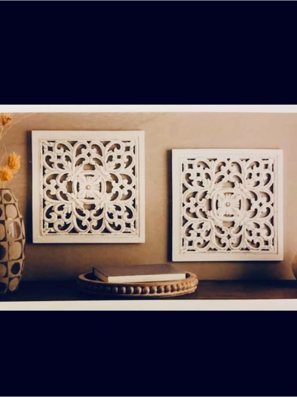 NEW Hand Carved pair of wall art. Wood, cottage, peace. Ready to hang 16x16”.